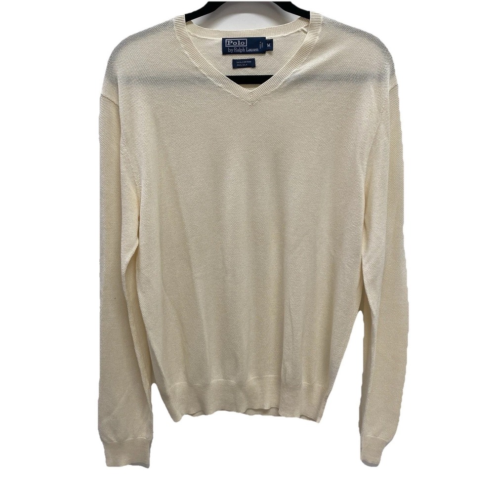 Polo Ralph Lauren Silk Cotton Sweater Men's M Off White V Neck Pullover‎ Golf